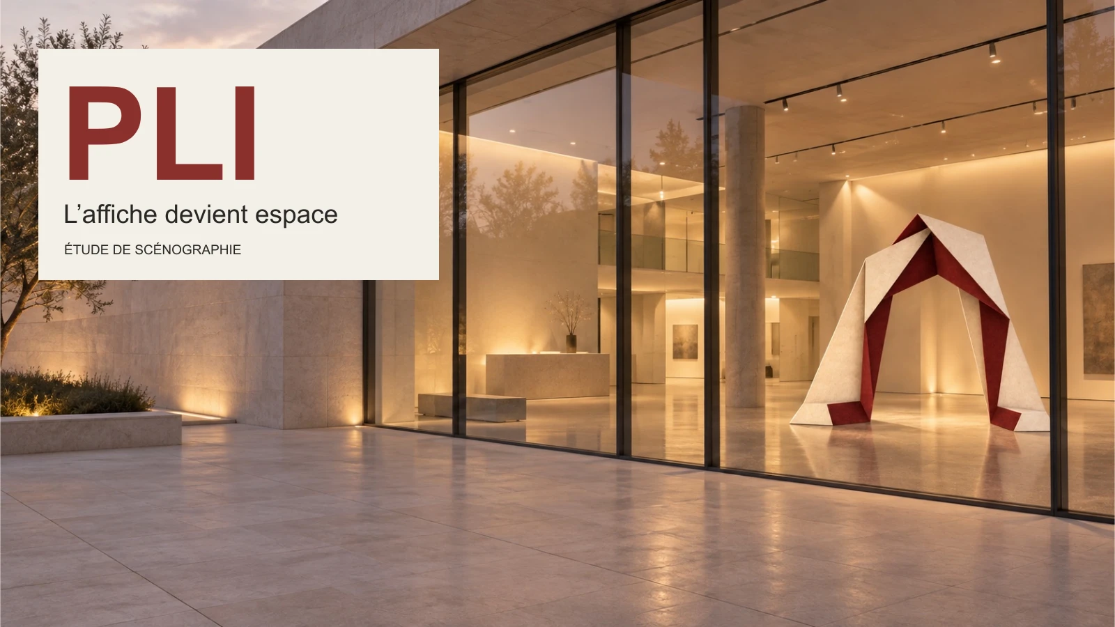 Vue extérieure d’une galerie fictive, arche PLI visible à travers la façade vitrée.