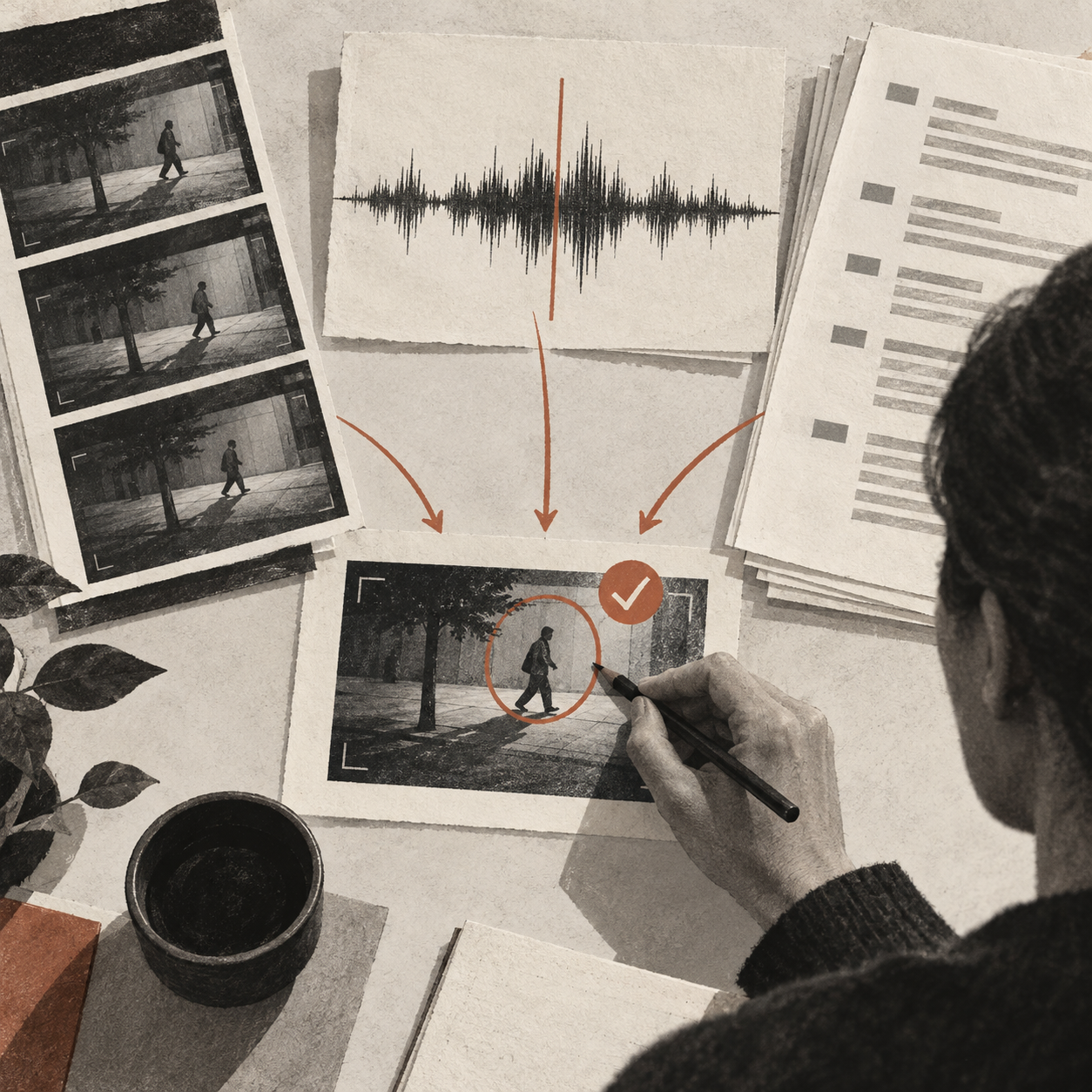 Illustration éditoriale du contrôle croisé entre image, audio et transcription avant une décision de montage