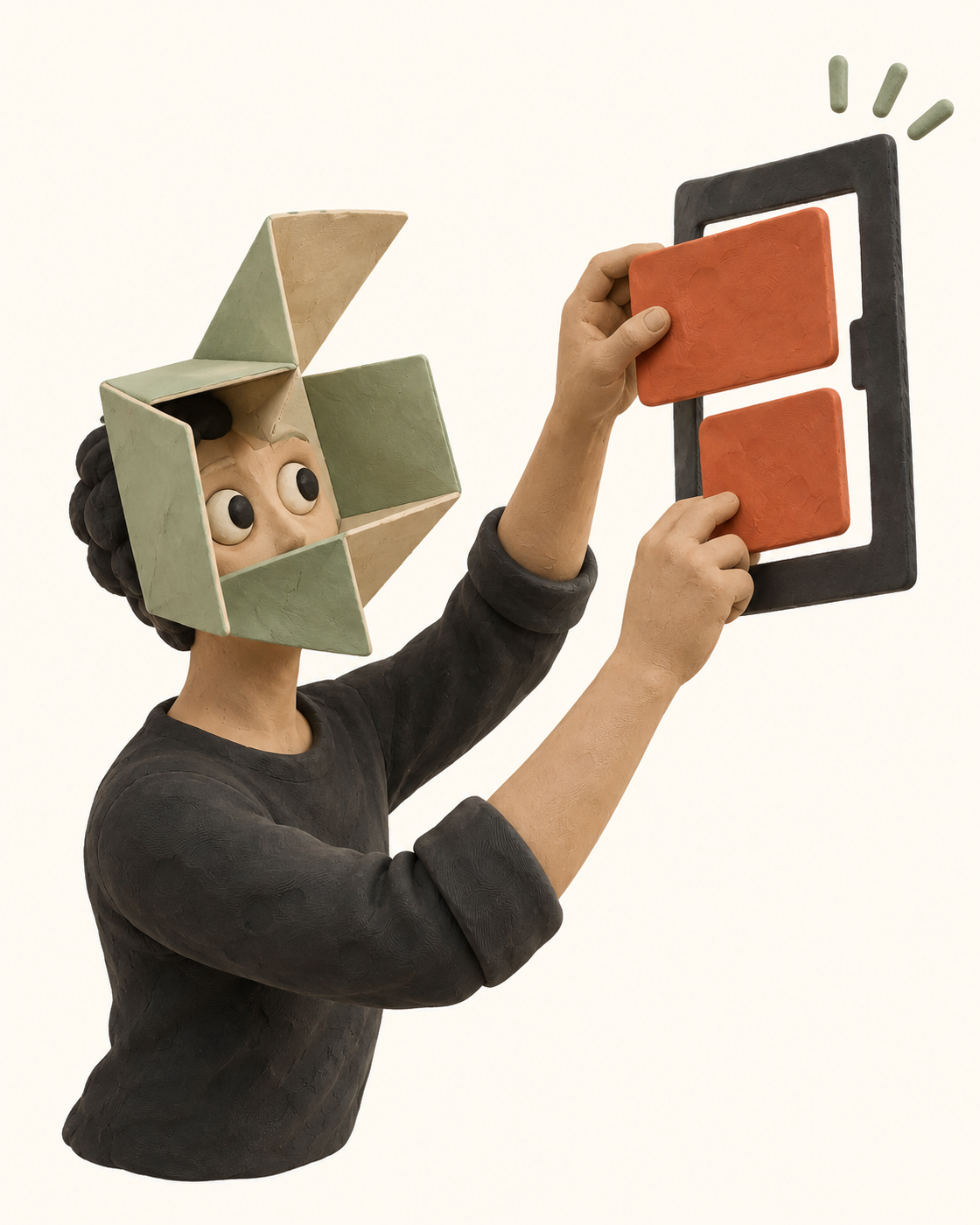Personnage à tête de fenêtre qui assemble deux cartes de contexte dans un cadre