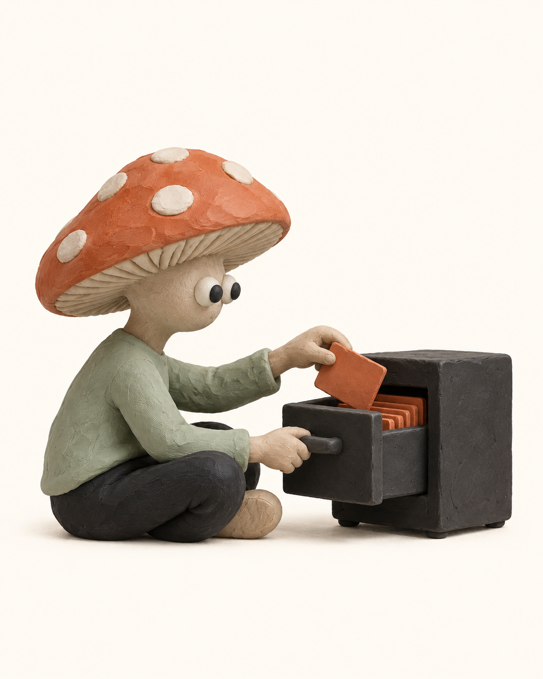 Personnage à tête de champignon qui archive une variante publicitaire écartée