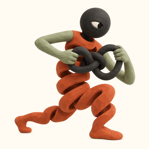 Personnage dénouant deux anneaux entrelacés, illustration de la réorganisation d’un processus créatif avec l’IA.