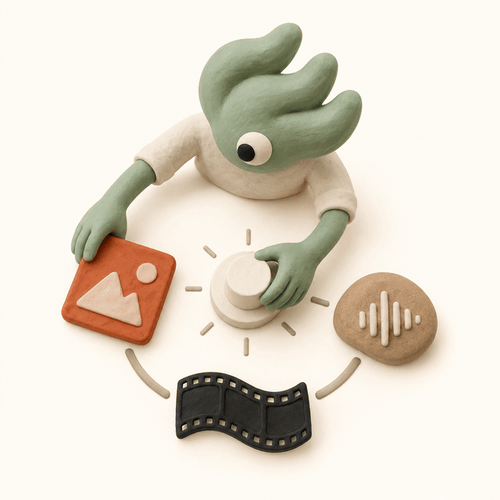 Personnage en pâte à modeler reliant image, son et pellicule autour d’un contrôle central, illustration des références multimodales de Seedance 2.0.