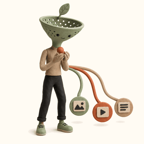 Personnage à tête d’entonnoir distribuant un contenu vers trois sorties image, vidéo et texte, illustration de la Social Content Factory.