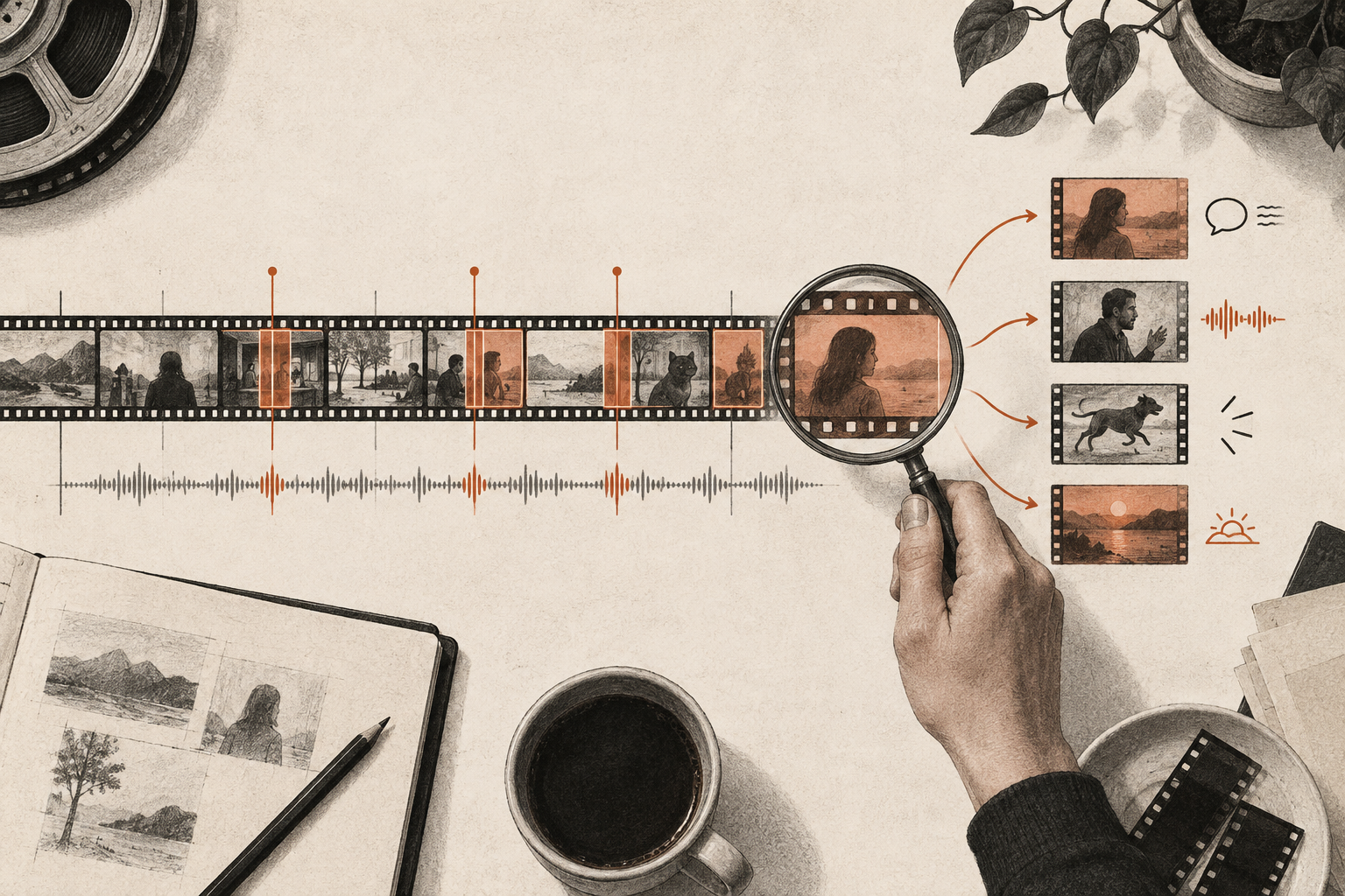 Illustration éditoriale d'une timeline vidéo cartographiée pour retrouver des moments utiles