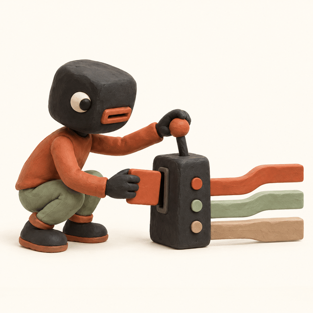 Créature en plasticine faisant passer un message dans une porte de décision contrôlée par le code, vers trois routes possibles