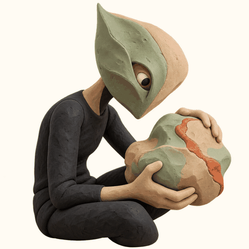 Un personnage assis en plasticine façonne une masse pour lui donner une forme dirigée.