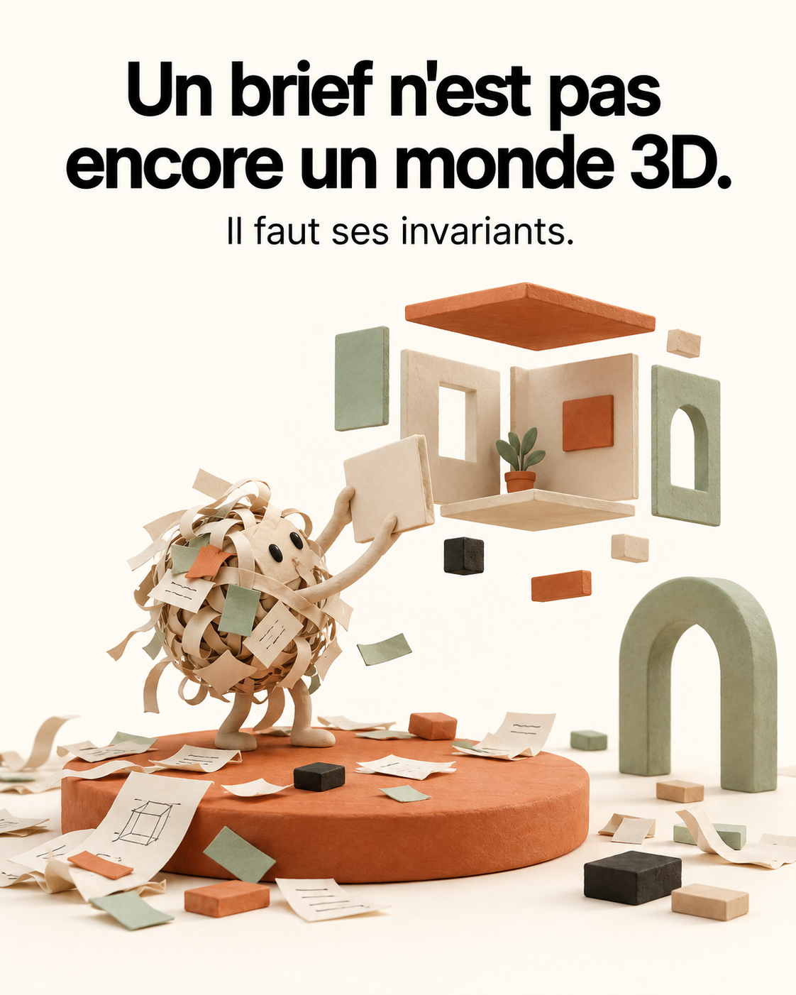 Un onepager en plasticine rappelle qu’un brief dispersé ne constitue pas encore un monde 3D et qu’il faut ses invariants.