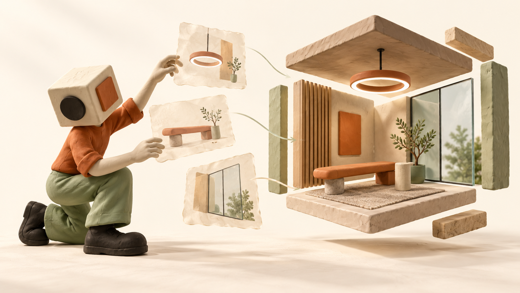 Un architecte en pâte à modeler assemble un brief éclaté en monde 3D cohérent pour Laboratoire Flora.
