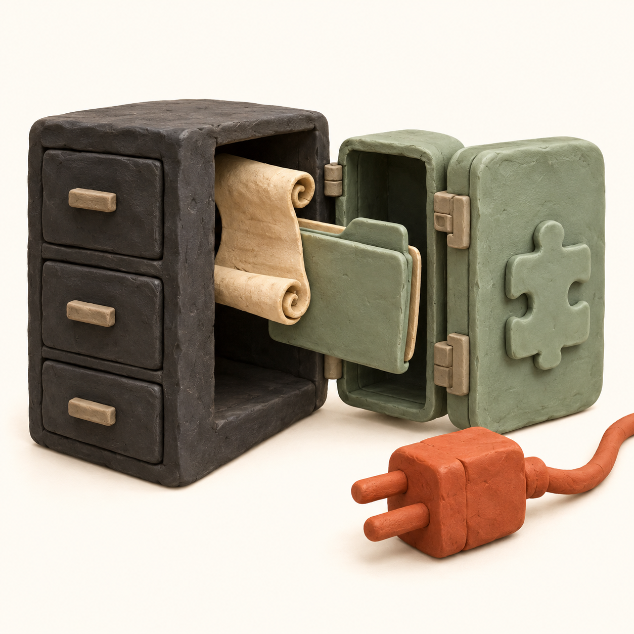 Schéma tactile : instructions et connaissances rejoignent un plugin, tandis qu’une Action personnalisée reste à part.