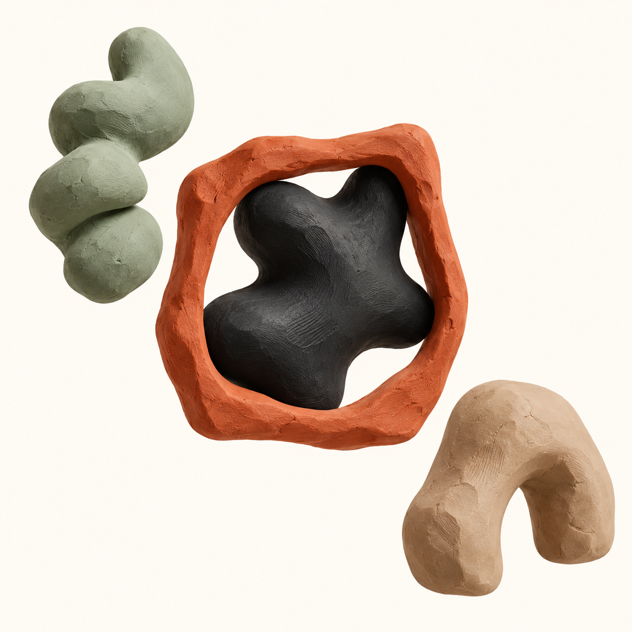 Trois formes en plasticine flottent ; un contour terracotta encadre la forme charbon choisie.