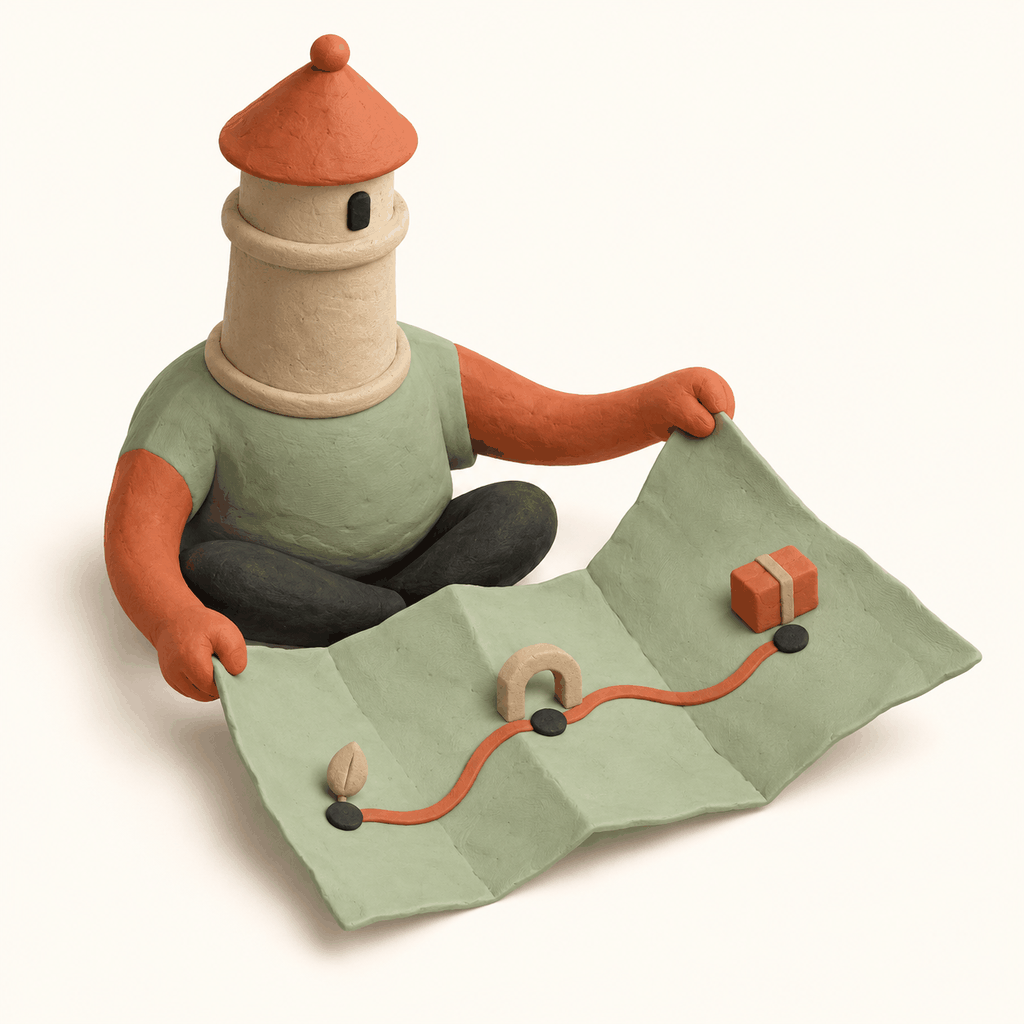 Personnage à tête de phare dépliant une carte reliant le brief, la création et la livraison en pâte à modeler.