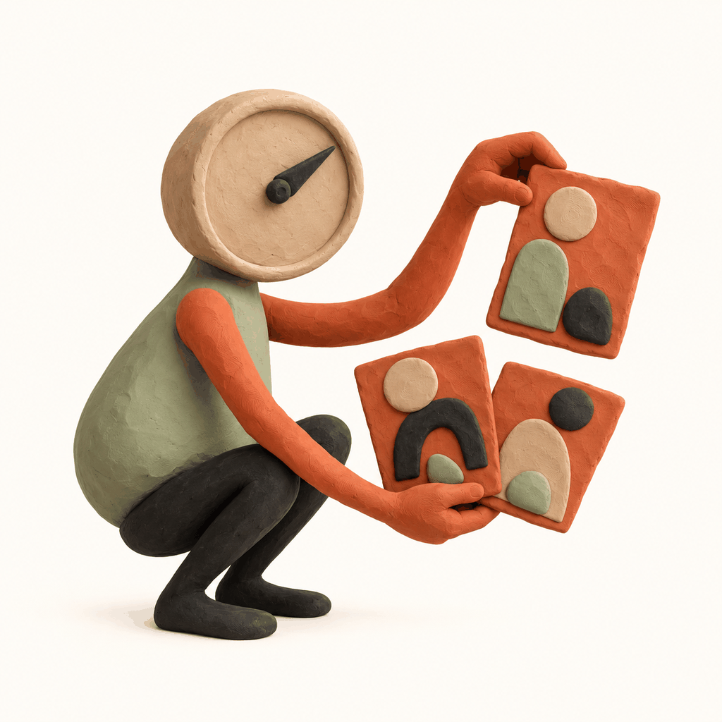 Personnage à tête de boussole sélectionnant une composition parmi trois pistes visuelles en pâte à modeler.