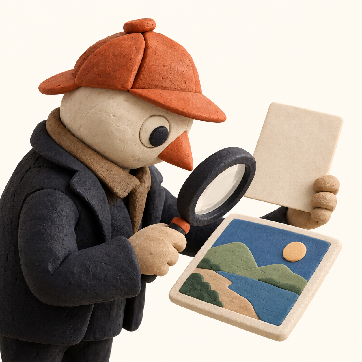 Créature en pâte à modeler qui vérifie une petite fiche JSON à côté d’un fichier image