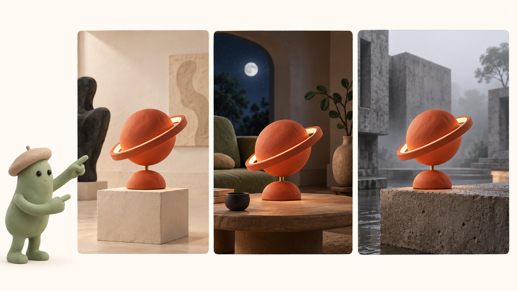 Une lampe Orbitale en pâte à modeler traverse trois décors ; sa silhouette et sa matière restent stables tandis que l’environnement change.