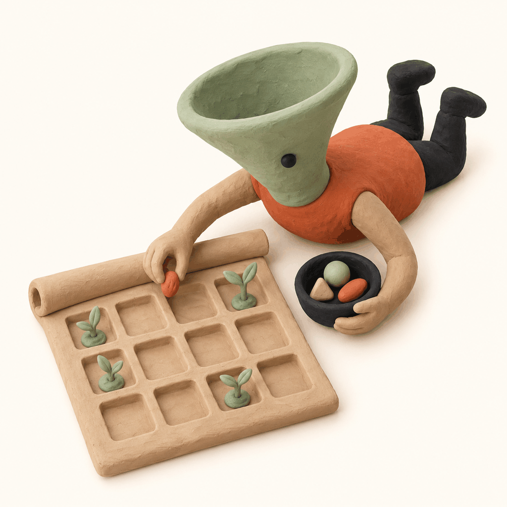 Personnage à tête d’entonnoir plantant des graines dans un calendrier pour illustrer la planification des contenus.