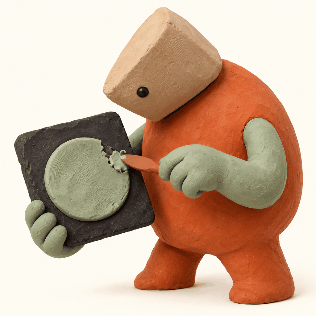 Personnage à tête de gomme corrigeant une imperfection sur une image avec une spatule en pâte à modeler.