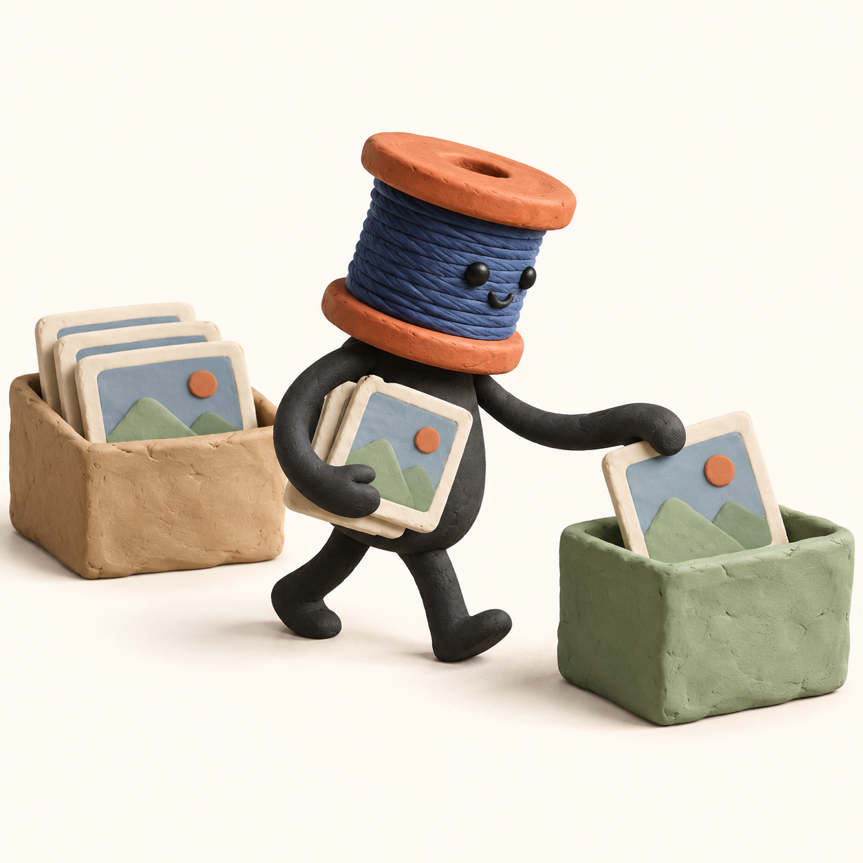 Petit personnage en pâte à modeler qui déplace des cartes d’entrée vers un dossier de sortie séparé
