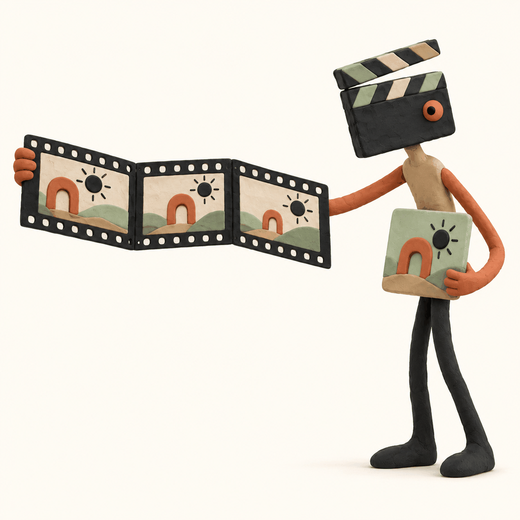 Personnage à tête de clap reliant une image à trois plans de film cohérents en pâte à modeler.
