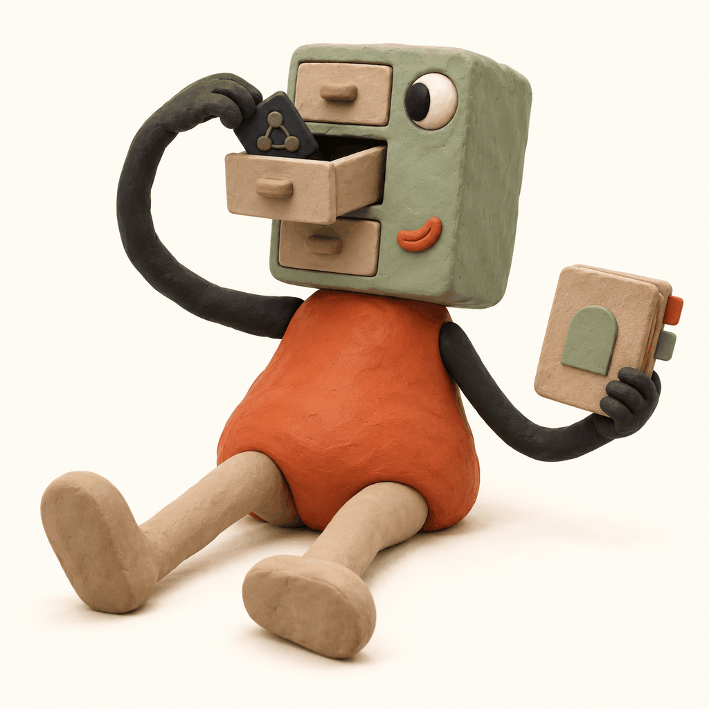 Personnage à tête de tiroirs rangeant une méthode et tenant un carnet pour illustrer la mémoire créative partagée.