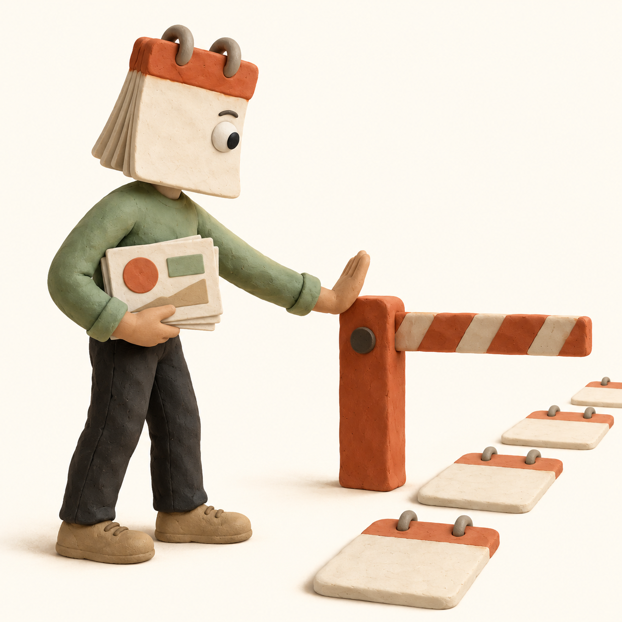 Créature à tête de calendrier arrêtant un deck devant une barrière de validation.