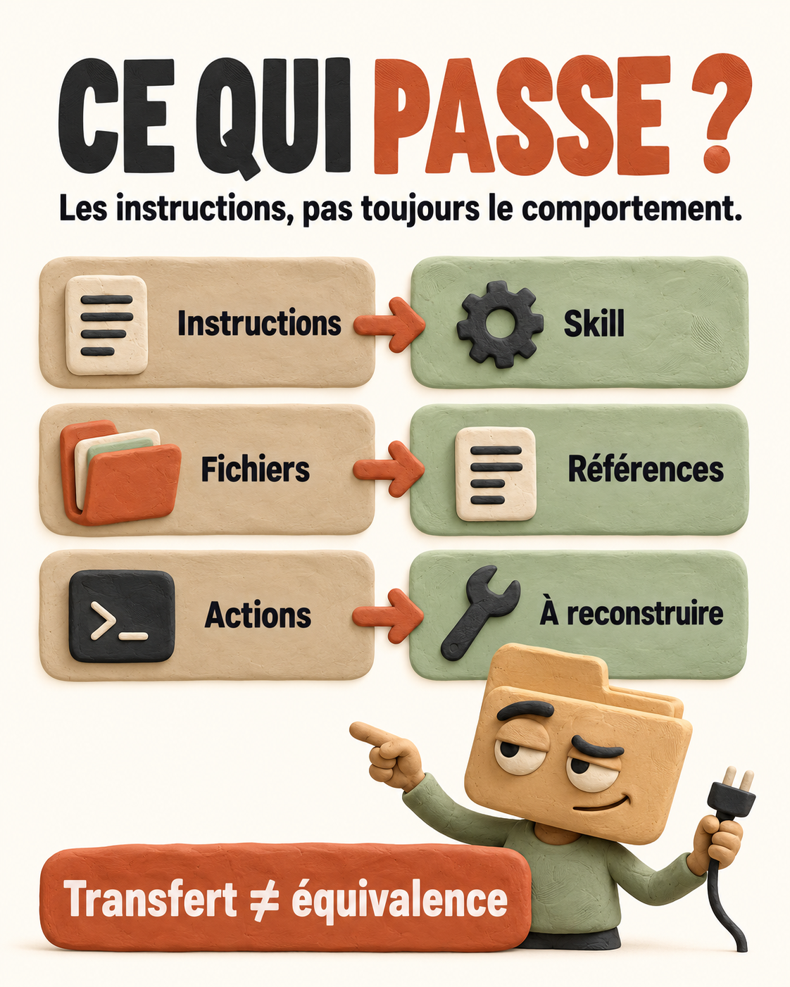 Infographie : instructions vers Skill, fichiers vers références, Actions à reconstruire; transfert ne signifie pas équivalence.