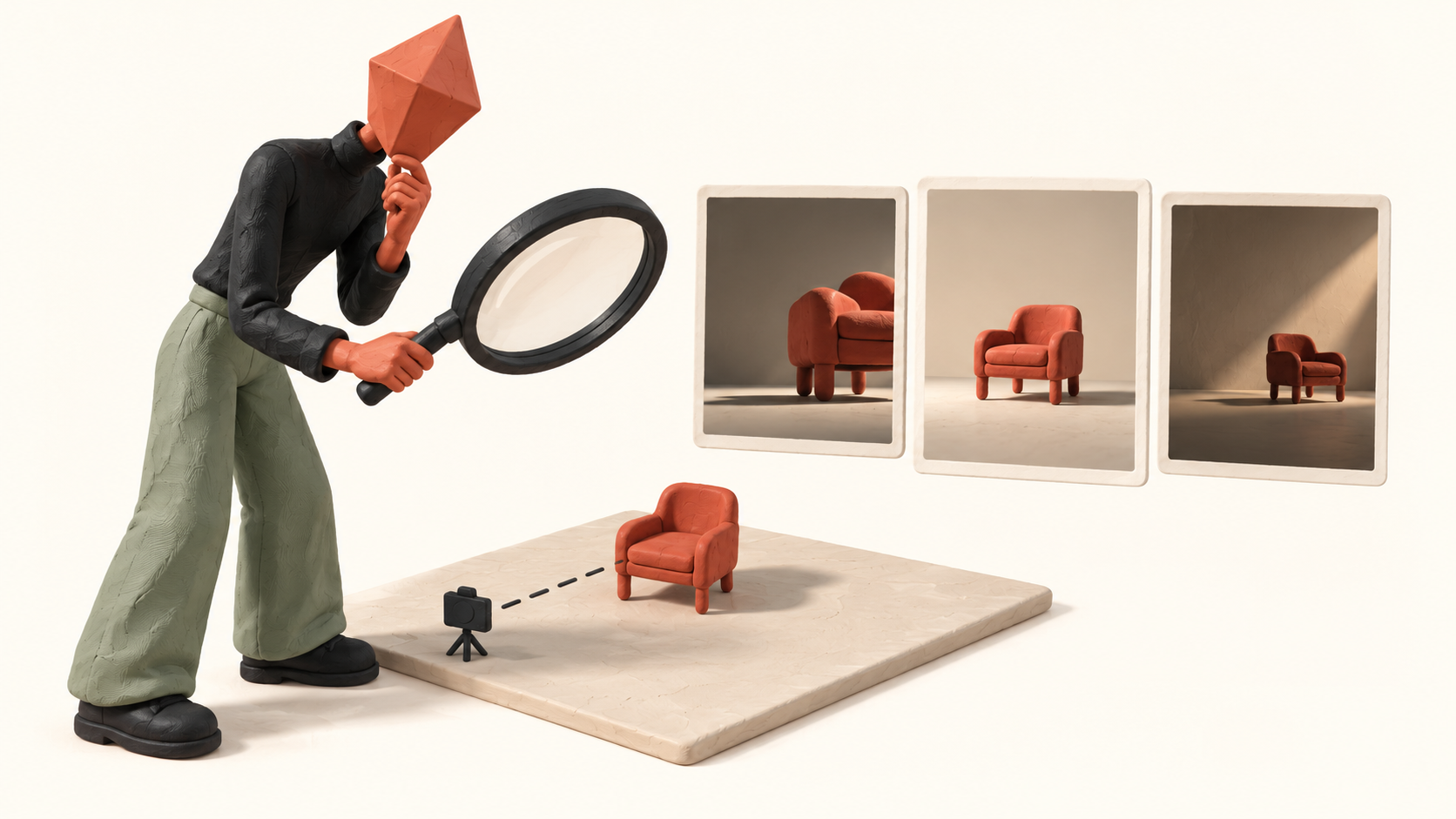 Une directrice artistique en pâte à modeler inspecte une petite scène 3D avec une loupe et compare trois cadrages de rendu.