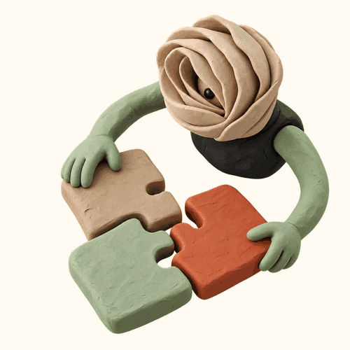 Personnage en plasticine assemble trois tuiles colorées en un motif commun.