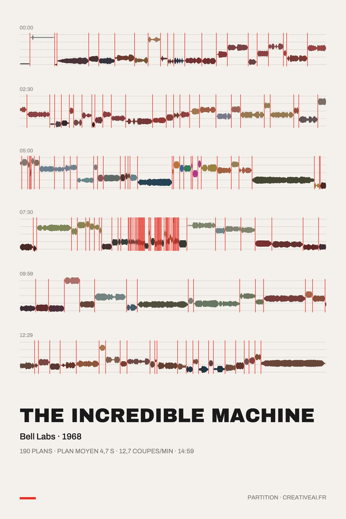 Partition visuelle de The Incredible Machine sur six portées : longueur des formes liée à la durée des plans, épaisseur au volume sonore et traits rouges aux coupes.