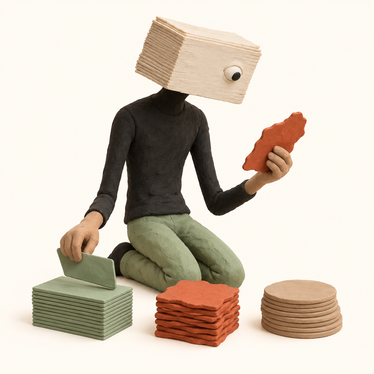 Créature en plasticine à tête de fiches, triant trois piles de documents.
