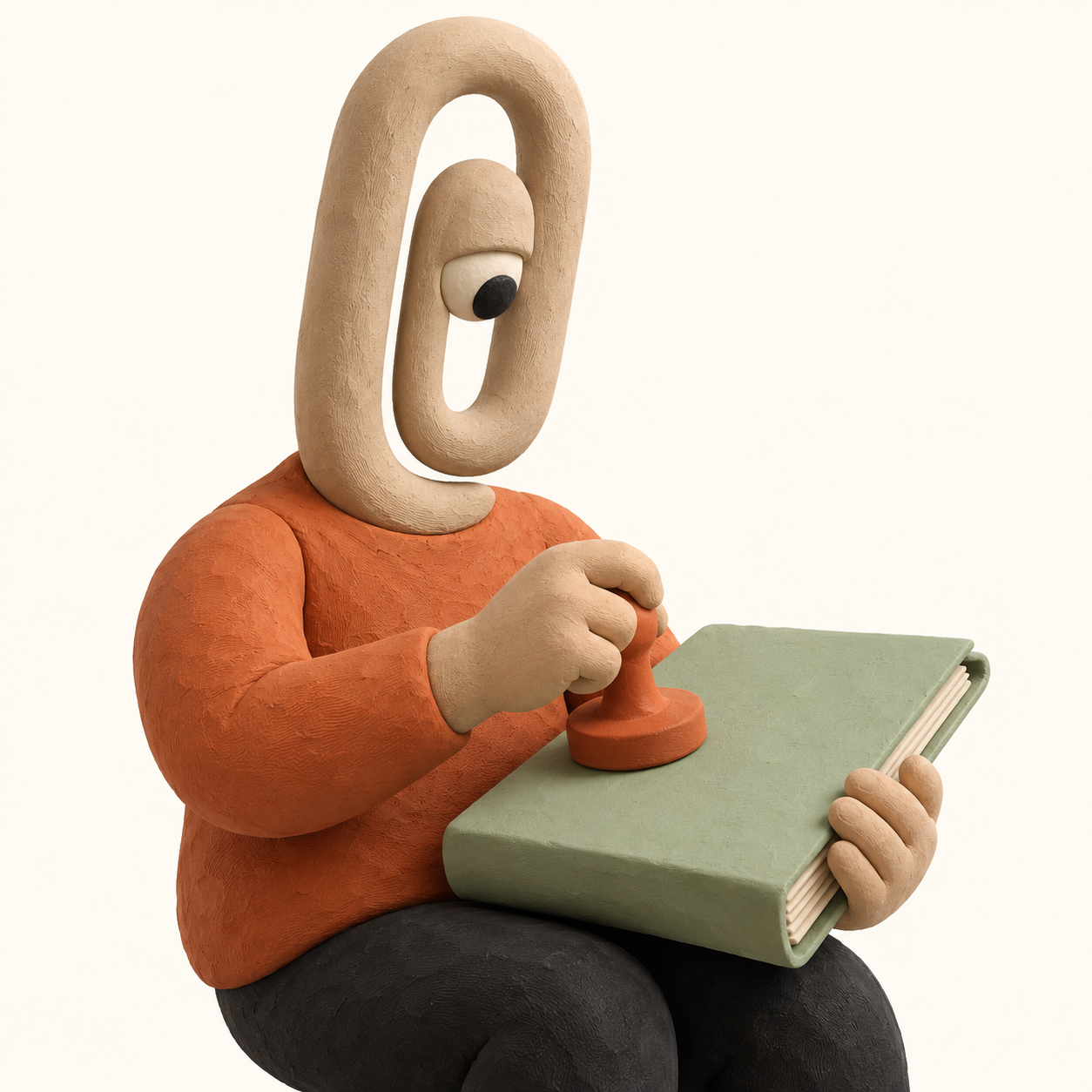 Créature en plasticine à tête de trombone tenant un dossier et un tampon.