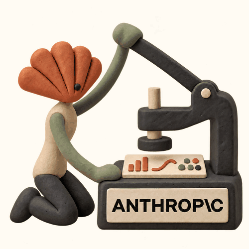 Personnage en pâte à modeler à tête d’éventail actionnant une presse marquée Anthropic pour façonner des graphiques miniatures.