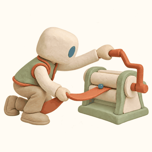 Un personnage en plasticine fait passer un ruban terracotta dans une presse pour le transformer en séquence de cadres, avec un petit repère bleu.