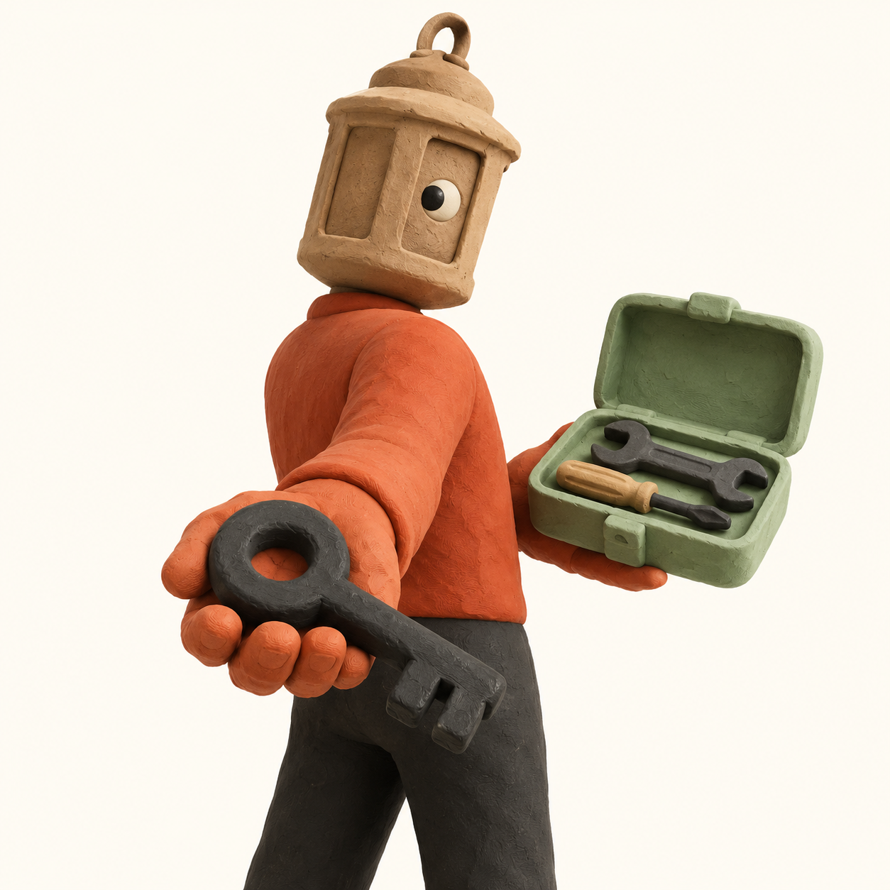 Créature en plasticine à tête de lanterne transmettant une clé avec une boîte à outils.