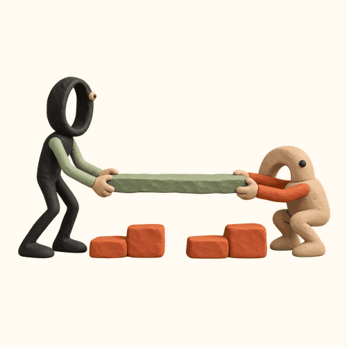Deux personnages en plasticine posant ensemble une traverse sur des appuis pour illustrer la progression collective d’une équipe de direction artistique avec l’IA.