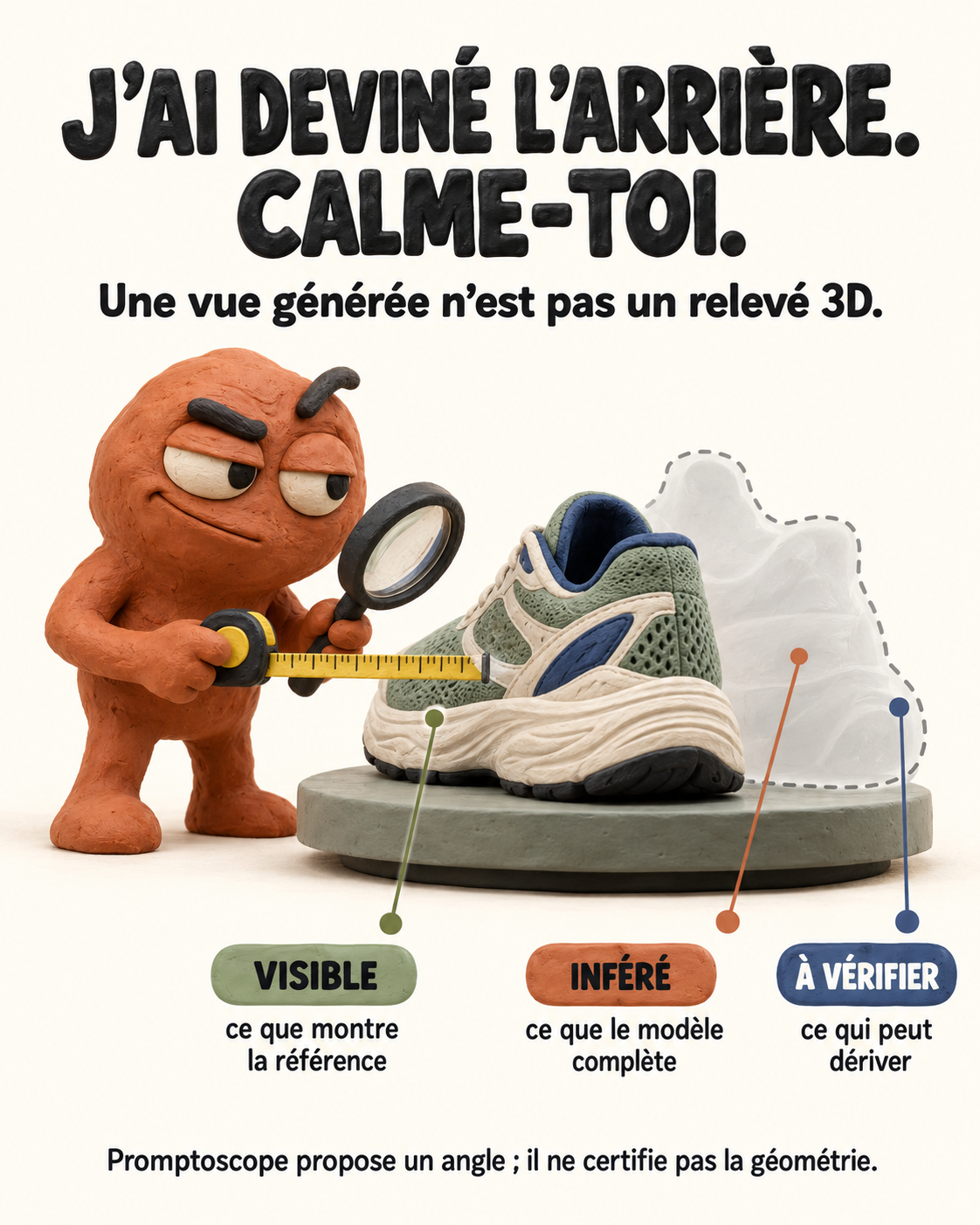 Illustration en plasticine d’une créature orange examinant une chaussure avec une loupe et un mètre ruban, distinguant les éléments visibles, inférés et à vérifier dans une vue générée.