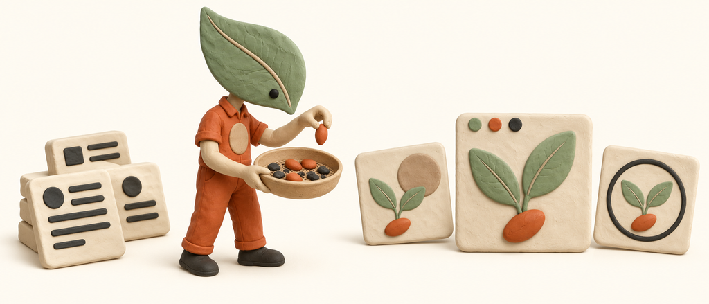 Formation Social Content Factory, jour 1 : un personnage en plasticine à tête de feuille trie des graines et développe plusieurs concepts éditoriaux.