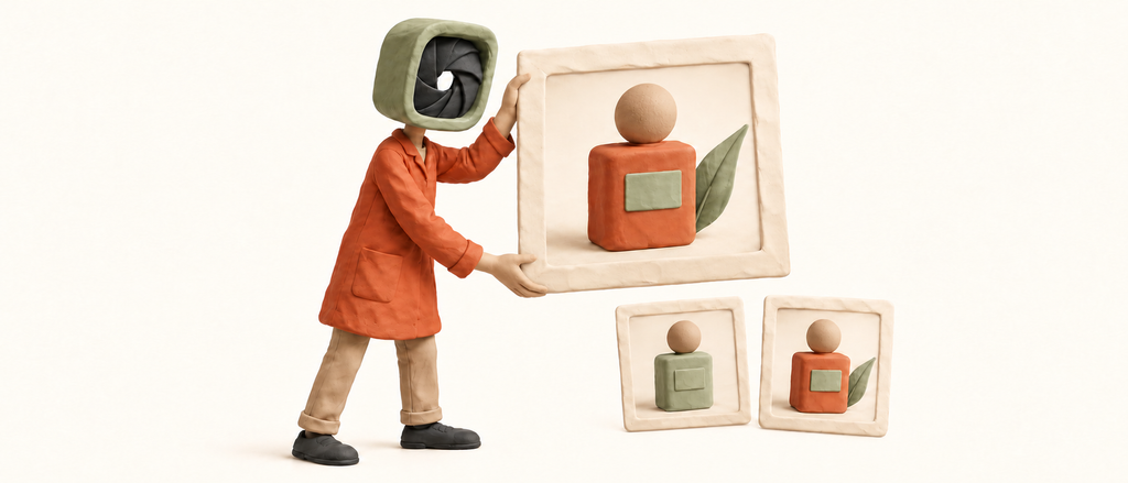 Formation IA Google, jour 1 : un personnage en plasticine à tête de diaphragme présente un visuel produit et ses déclinaisons photo.