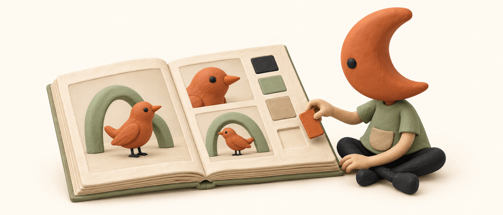 Formation Google Flow et Veo, jour 1 : un personnage en plasticine à tête de croissant compose une bible visuelle avec les références d’un oiseau.