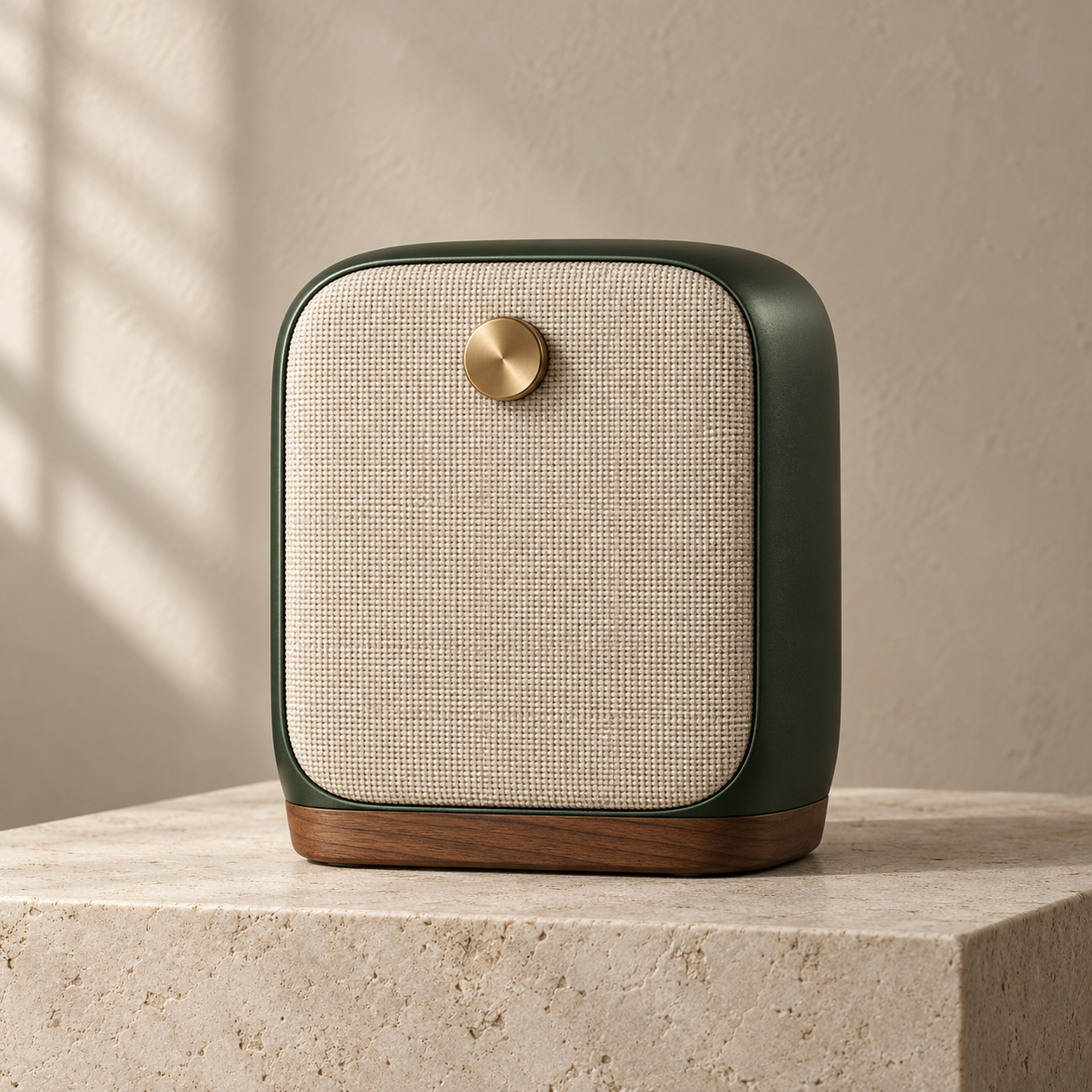 Image de base d'une enceinte sans fil vert forêt sur un socle en pierre