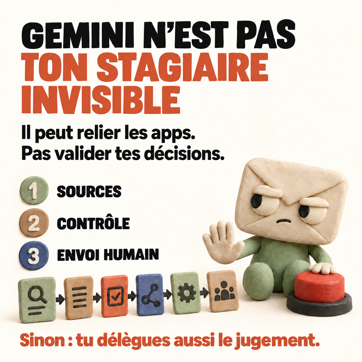 Onepager sen plasticine : Gemini relie les applications mais ne valide pas les décisions.