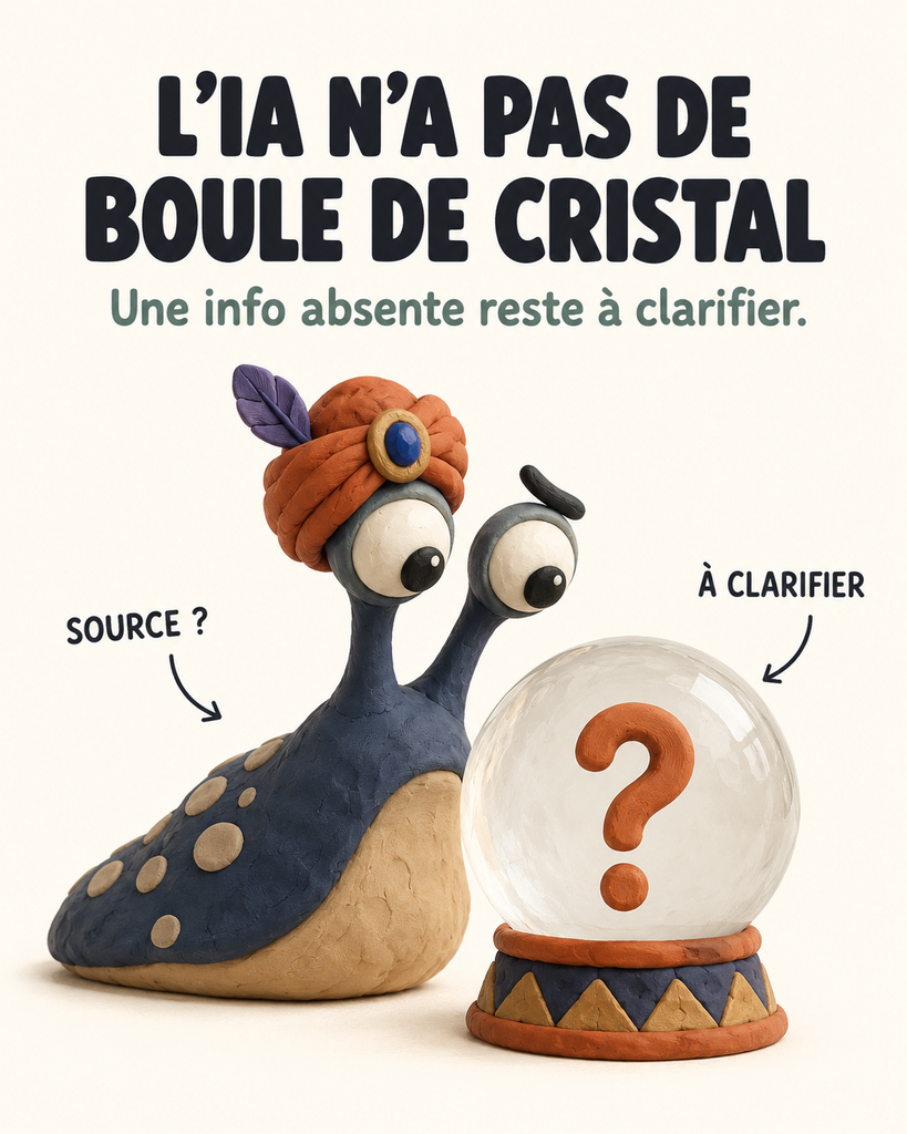 Une créature oracle en plasticine regarde une boule de cristal vide où apparaît seulement un point d’interrogation.