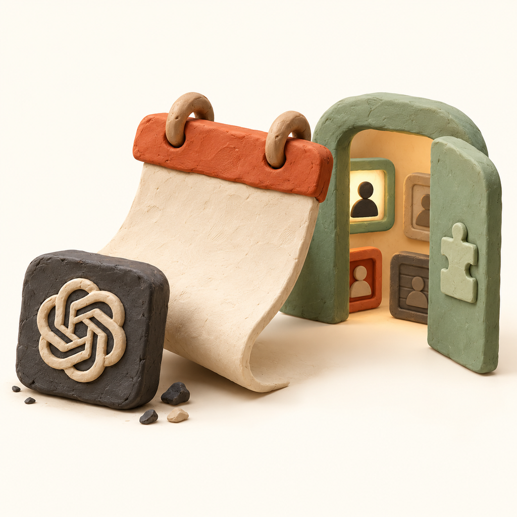 Illustration en plasticine d’un bloc marqué OpenAI relié par un rouleau de consignes à une arche verte de plugin, avec des icônes d’utilisateurs et une pièce de puzzle.