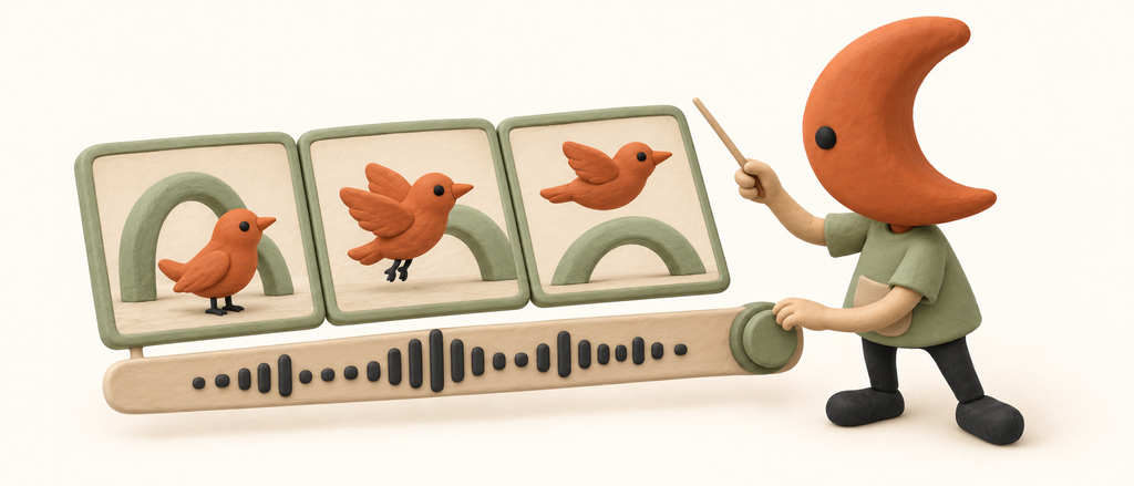 Formation Google Flow et Veo, jour 2 : le même personnage en plasticine dirige trois plans d’un oiseau en mouvement et ajuste la piste sonore.