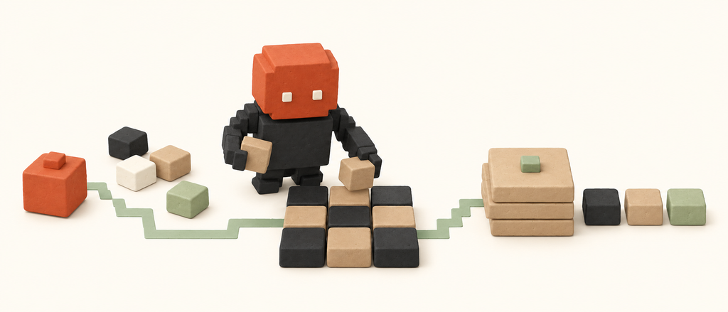 Archiviste-sprite pixel en plasticine plaçant une tuile dans une grille de workflow entre un brief, des références et un dossier créatif pilote.
