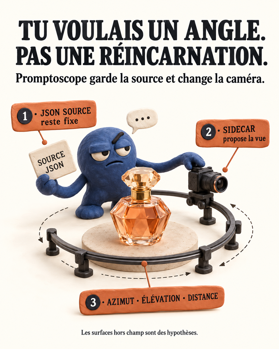 Illustration en plasticine d’un personnage bleu entourant un flacon de parfum avec une caméra sur rail, montrant qu’un JSON source reste fixe tandis qu’un sidecar propose une nouvelle vue selon l’azimut, l’élévation et la distance.