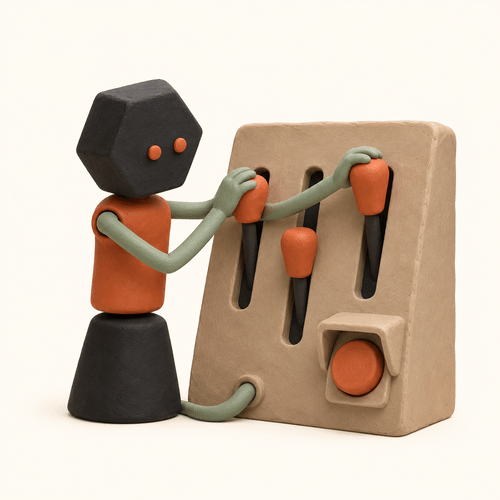 Personnage en pâte à modeler devant un panneau de contrôle analogique à trois leviers, testant une méthode tandis qu’un bouton séparé reste protégé sous un capot.