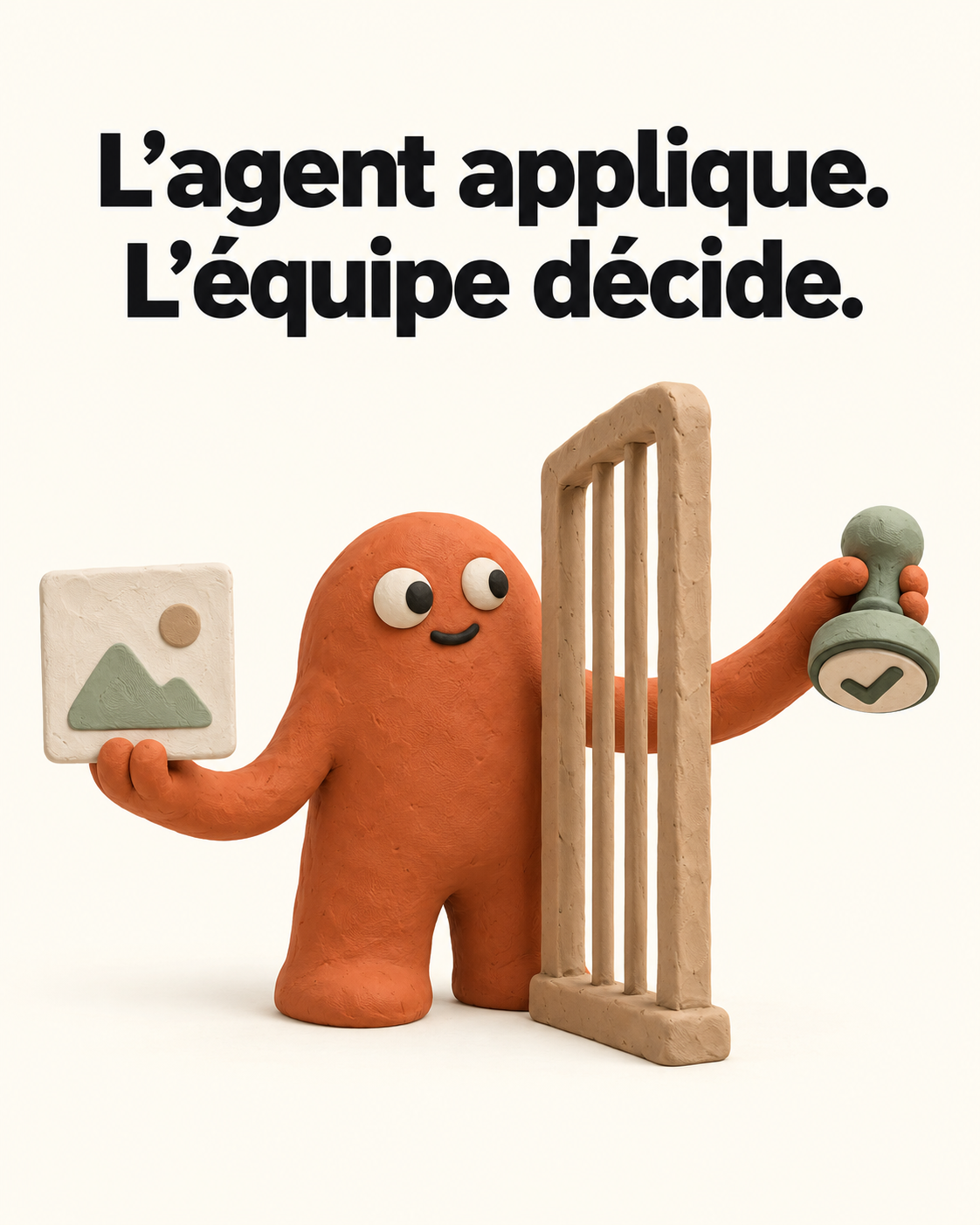 Créature à deux bras qui garde une image d’un côté et une carte de validation de l’autre