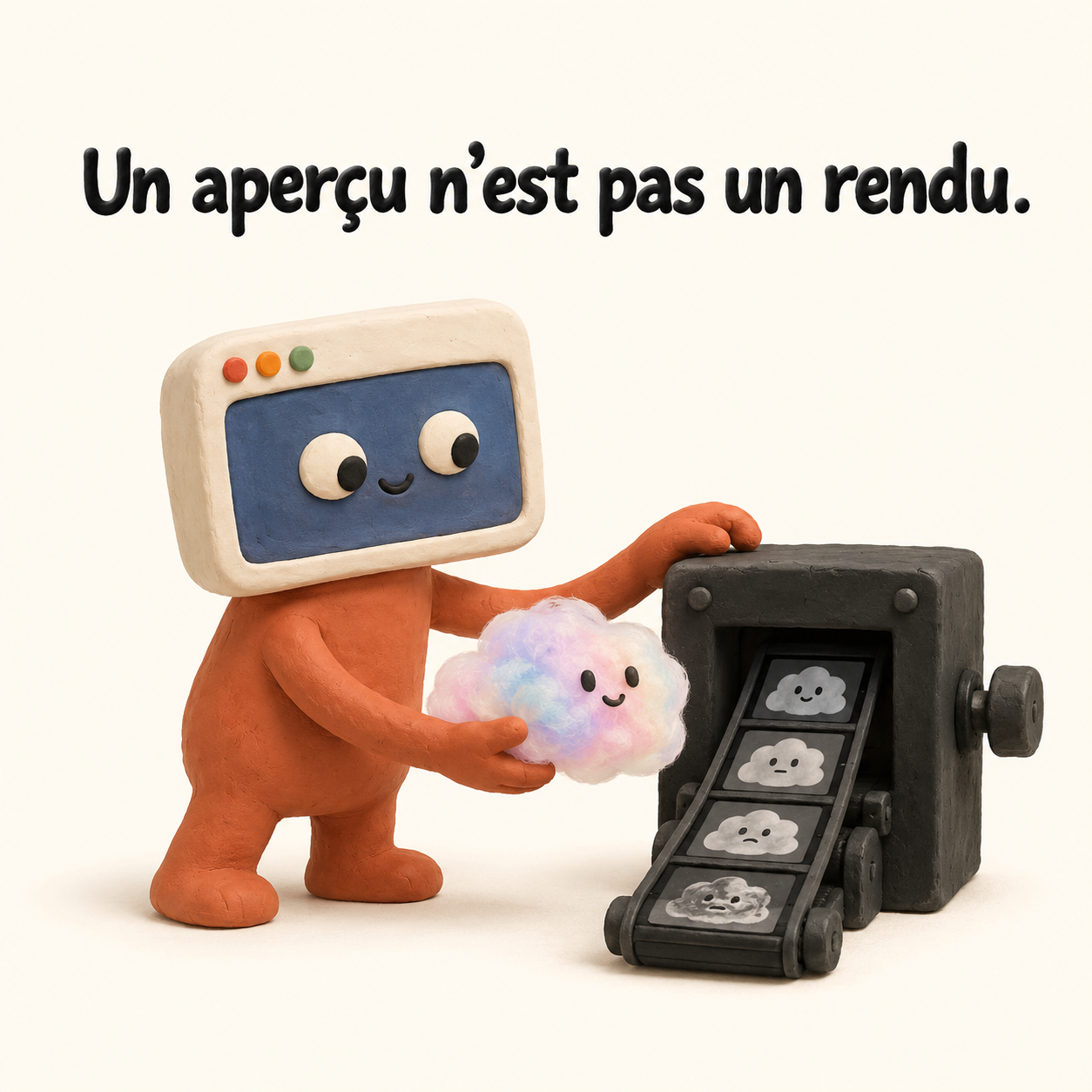 Une créature-navigateur donne un aperçu mousseux à une machine qui déroule des images pour vérifier les frames.