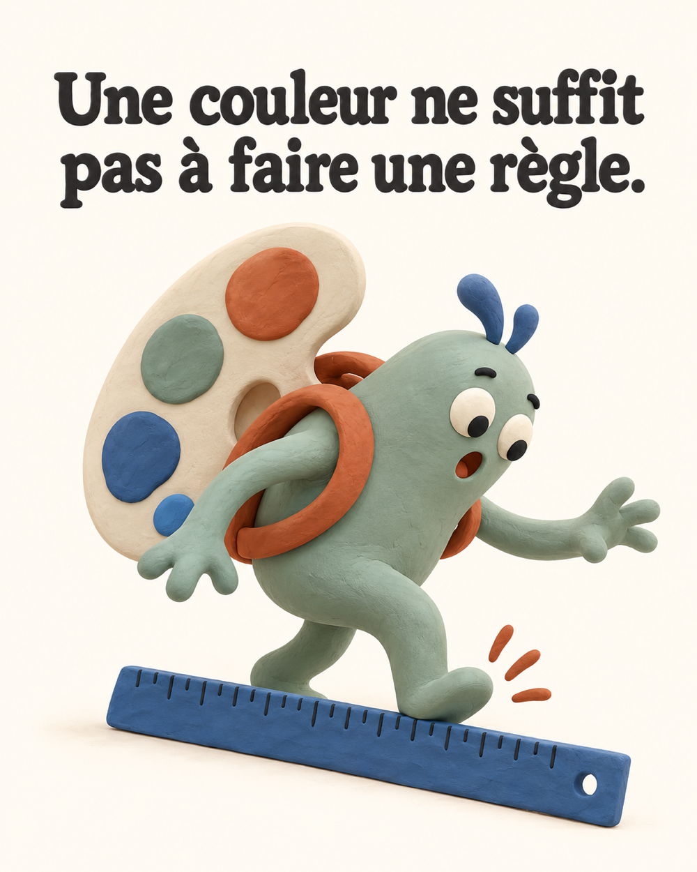 Onepager en pâte à modeler où une créature portant une palette trébuche sur une règle