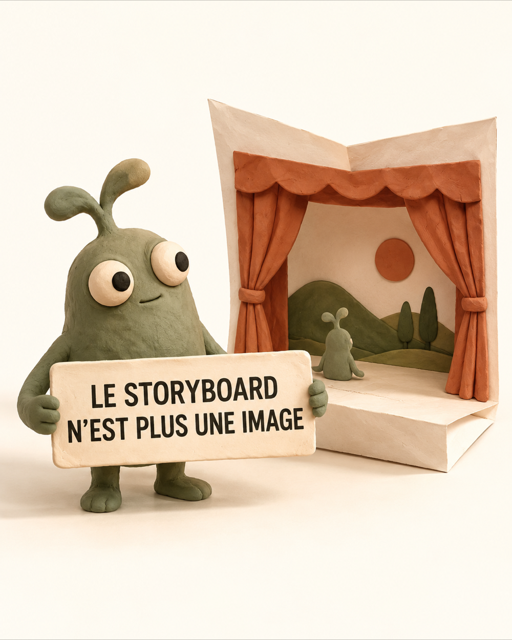 Onepager vertical en plasticine : une créature devant un théâtre en papier porte le message « LE STORYBOARD N’EST PLUS UNE IMAGE », illustration du storyboard HyperFrames.